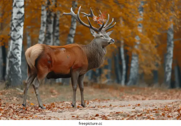 A red deer stag stands in a forest during autumn