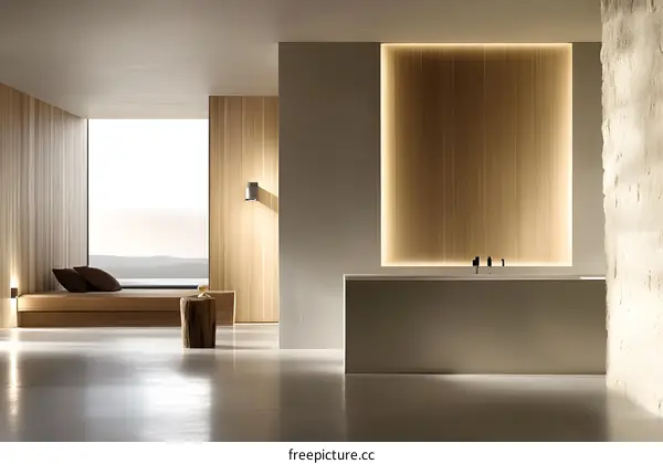 Minimalist Bathroom Design with Wooden Walls and a Large Window