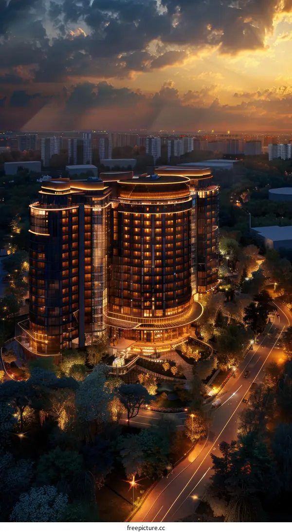 Modern Architectural Design of a High-Rise Building Complex at Dusk