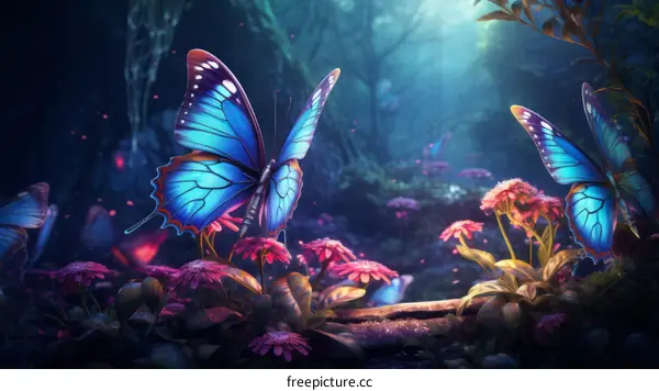 Blue butterflies in a magical forest