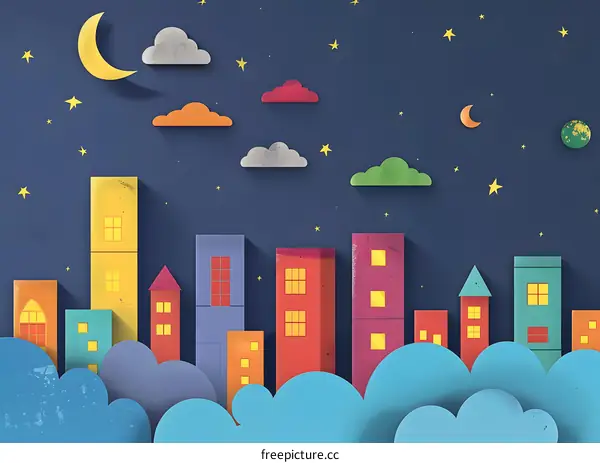 Paper Cut Night Cityscape With Stars and Clouds
