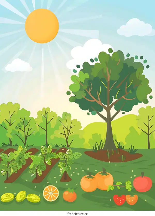 Sunny Day in a Fruit Garden Illustration