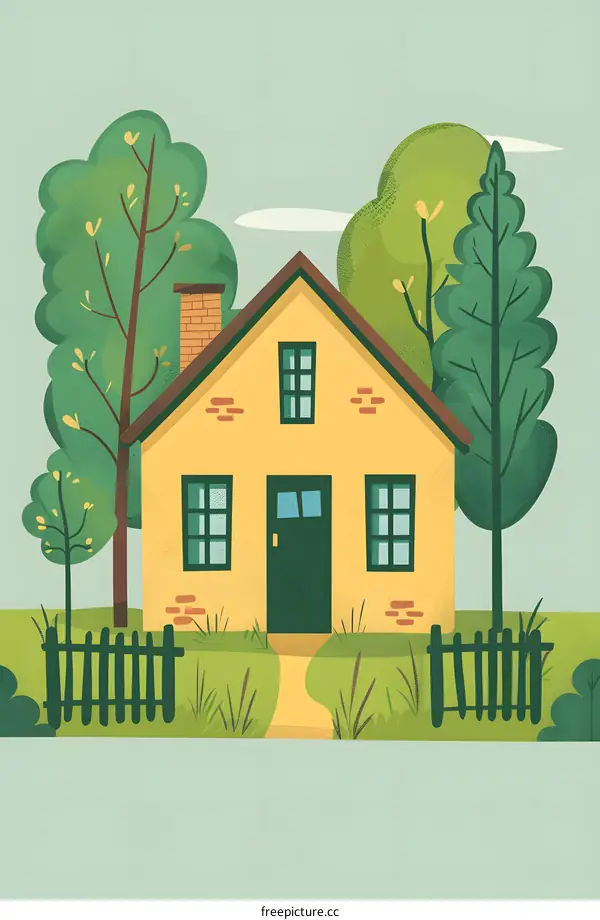 Yellow House with Green Trees and Fence