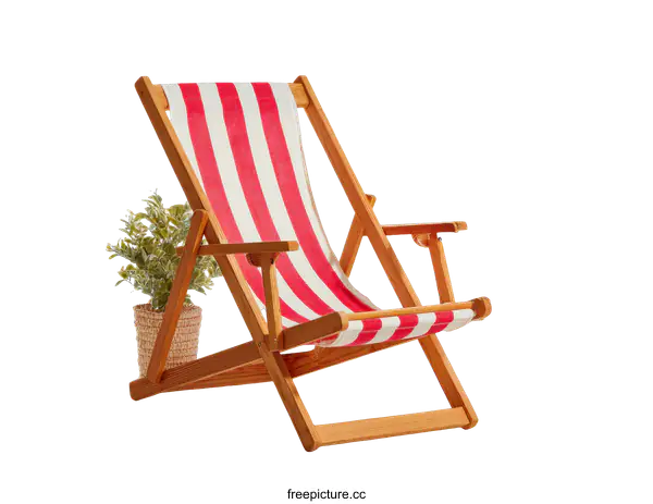 [Transparent Background PNG]Red and White Striped Wooden Beach Chair