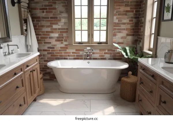 Elegant Farmhouse Bathroom with Brick Accent Wall