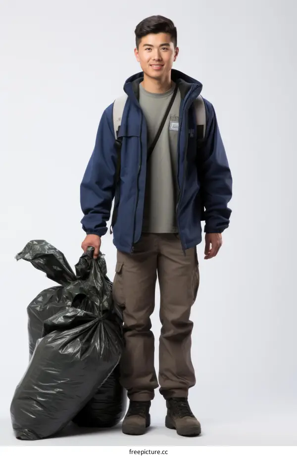 Portrait of a young Asian man in casual clothes holding a large black garbage bag.