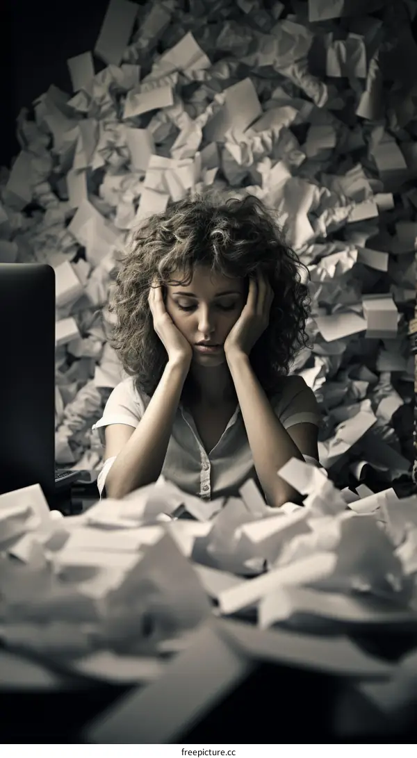 Young woman drowning in paperwork