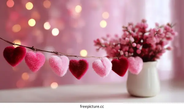 Heart-shaped decorations in a vase with a pink background
