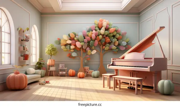 A colorful room with a piano
