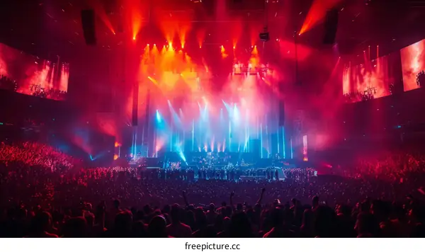 A large crowd of people are watching a concert.