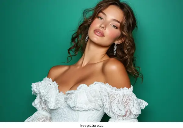 Elegant Woman in a White Lace Dress
