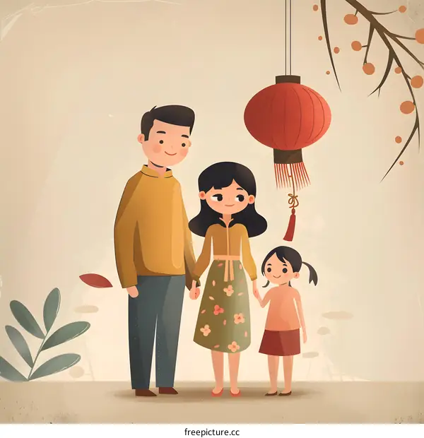 Happy Family Celebrating Chinese New Year With Red Lantern