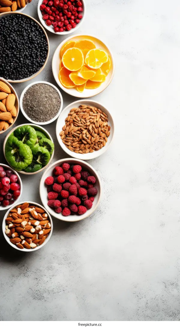 Top view of healthy food ingredients. Organic products. Clean eating concept.