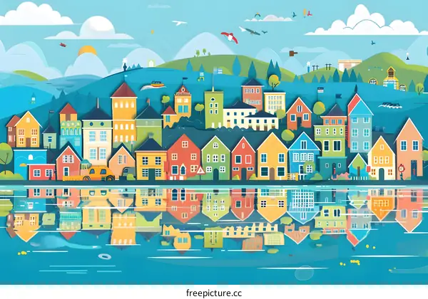 Colorful Town with Reflection in Water