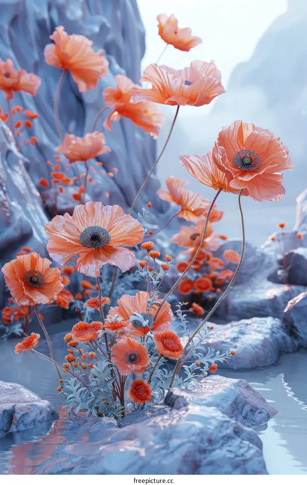 Surreal landscape with orange poppies growing on the rocks