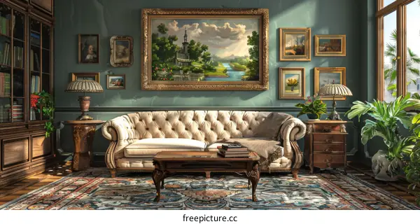 Retro Style Living Room with Furniture Sofa Carpet Table Lamp