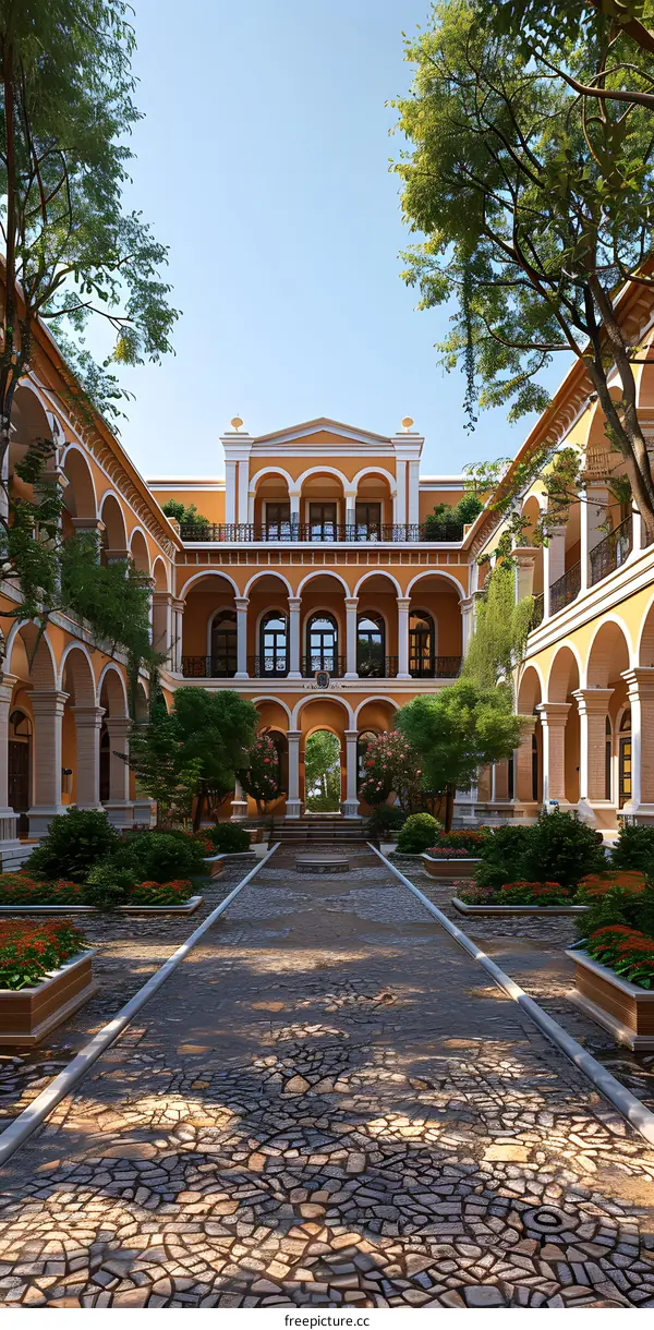 Beautiful Courtyard Architecture with Arches and Greenery