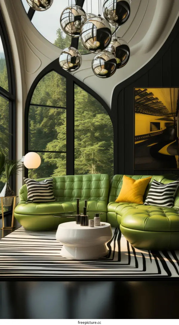 Modern living room interior design with large windows and green sofa