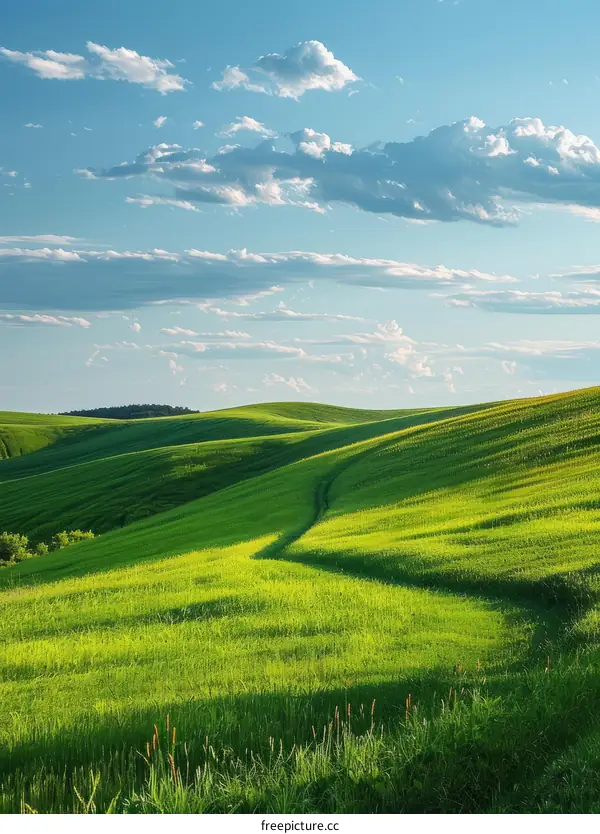 Green rolling hills under blue sky with white clouds