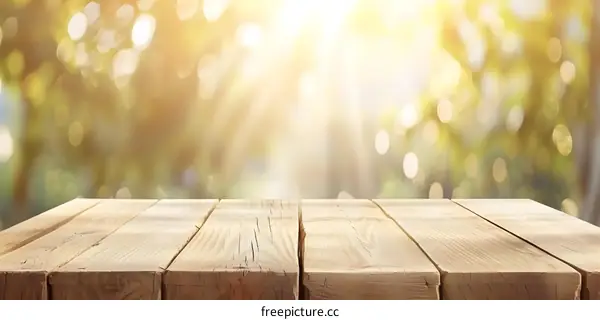 Wooden Tabletop with Blurred Background of Green Trees and Sunlight