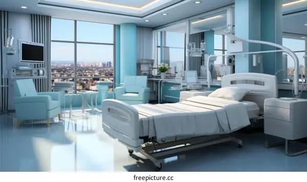 A hospital room with a bed, a television, and a window