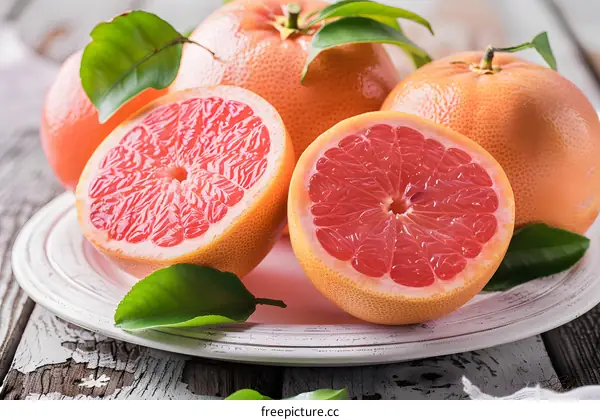 Fresh Pink Grapefruit Slices with Green Leaves on White Plate