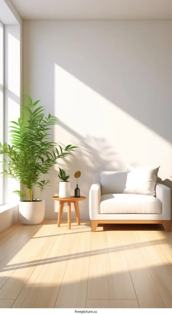 Sunlight shining through a window onto a white armchair and a potted plant