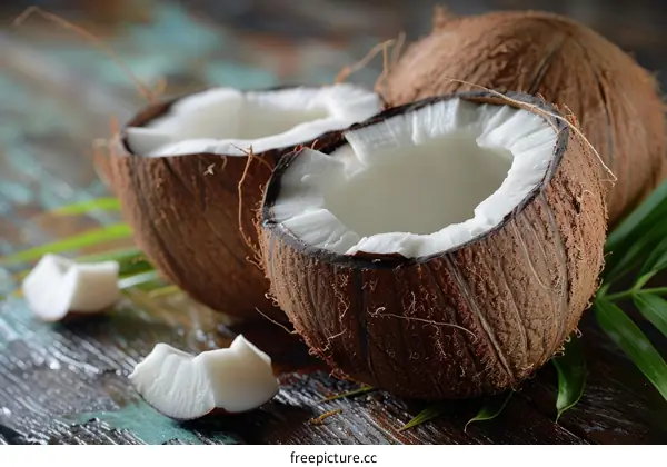 Cracked Open Coconut with White Flesh on Rustic Wooden Surface