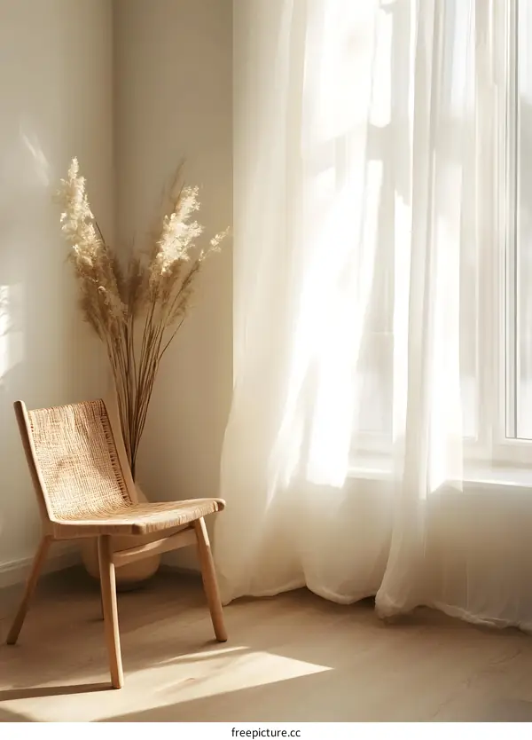 Minimalist Interior Design with Wooden Chair and Dried Pampas Grass