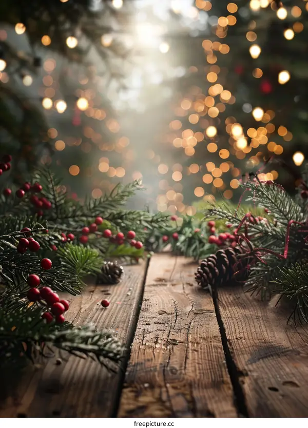 Christmas background with wooden table and blurred lights