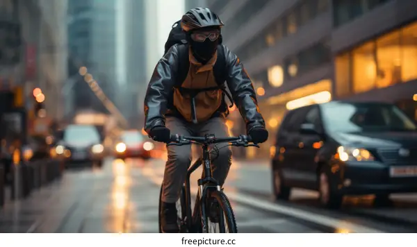 Cyclist in protective gear rides through busy city street with skyscrapers and cars in the background