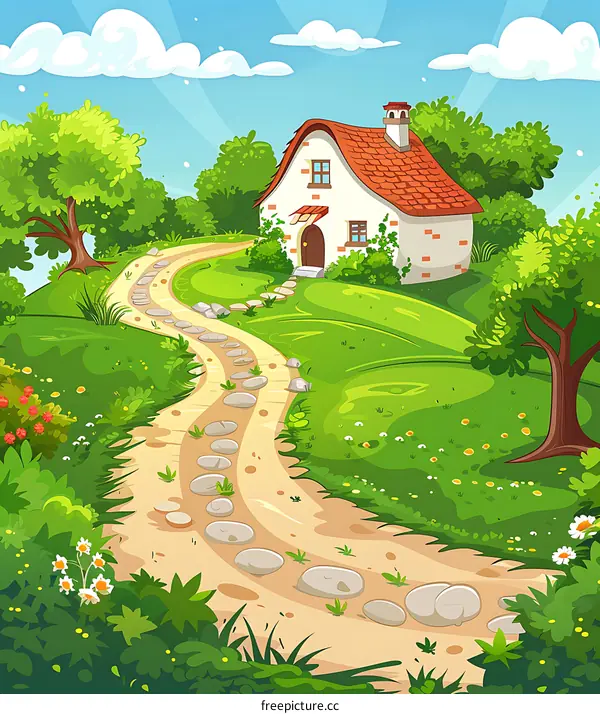 Cartoon Illustration of a Stone Path Leading to a House in the Woods