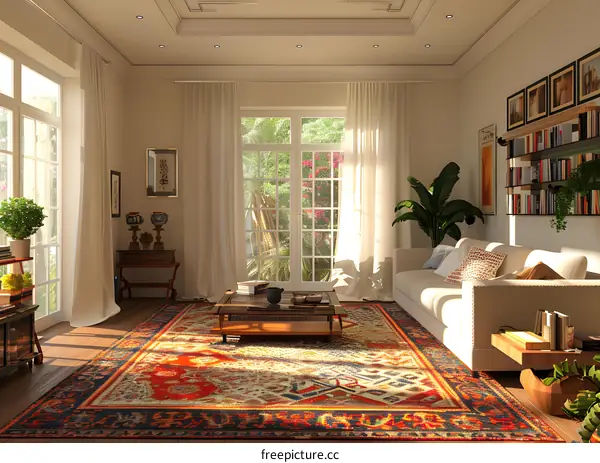 A living room with a carpet, a vase, and a green plant