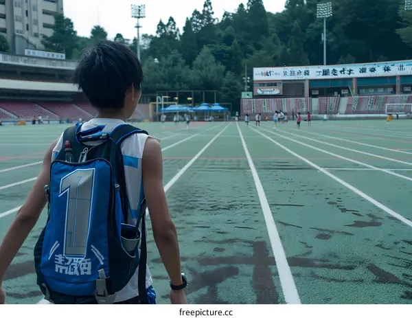 Teenage Boy with Backpack Walking on Track at Stadium
