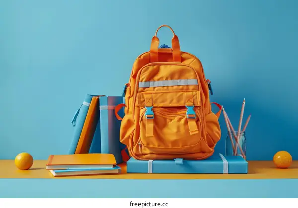 An orange backpack with school supplies on a blue background