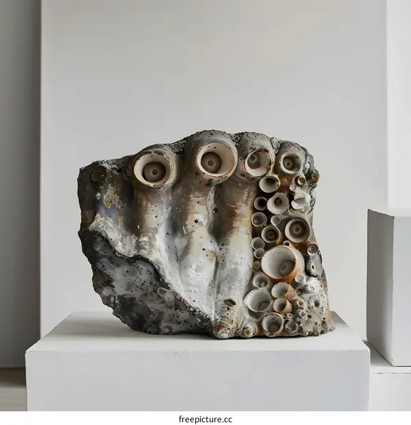 Rough textured ceramic sculpture with multiple holes