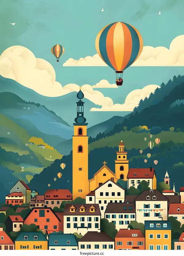 Colorful Illustration of a City in the Mountains with Hot Air Balloons