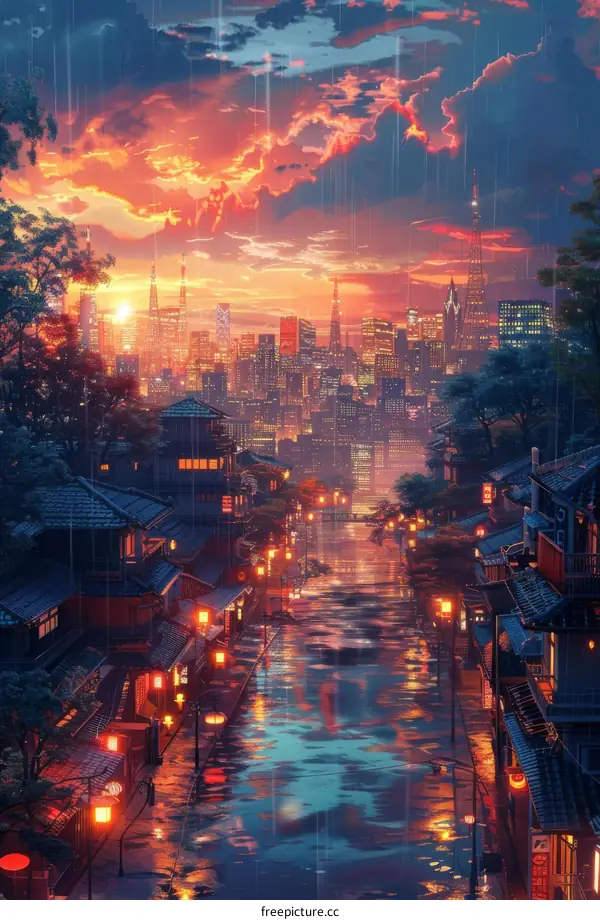 Rainy Sunset Cityscape with Asian Architecture