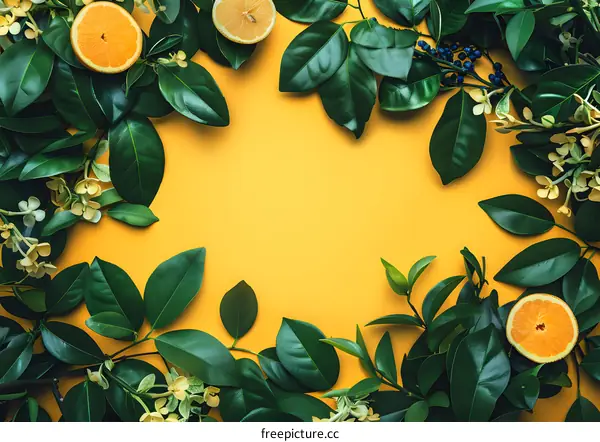 Green Leaves and Orange Slices on Yellow Background