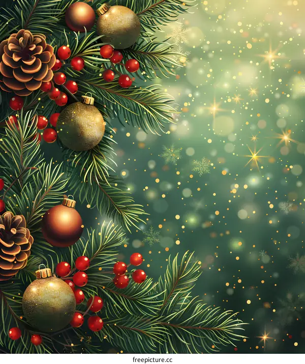 Christmas background with fir branches, pine cones, berries and golden balls.
