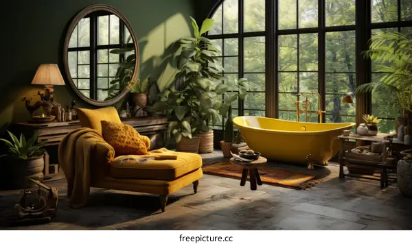 Yellow Vintage Bathtub by the Window