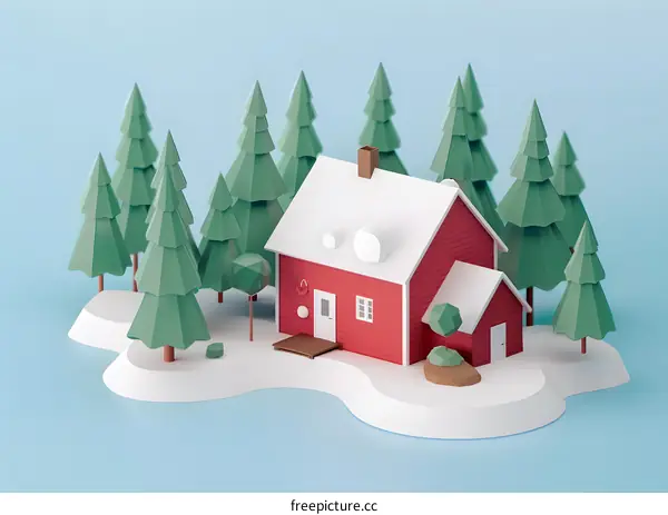 Red House With Snowy Roof In Winter Forest