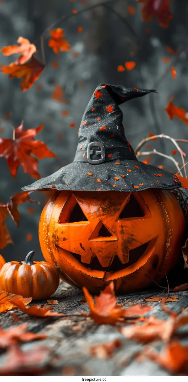 Spooky Pumpkin with Witch Hat for Halloween