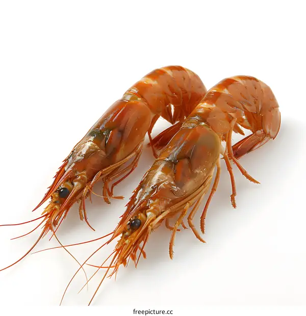 Two cooked prawns on white background