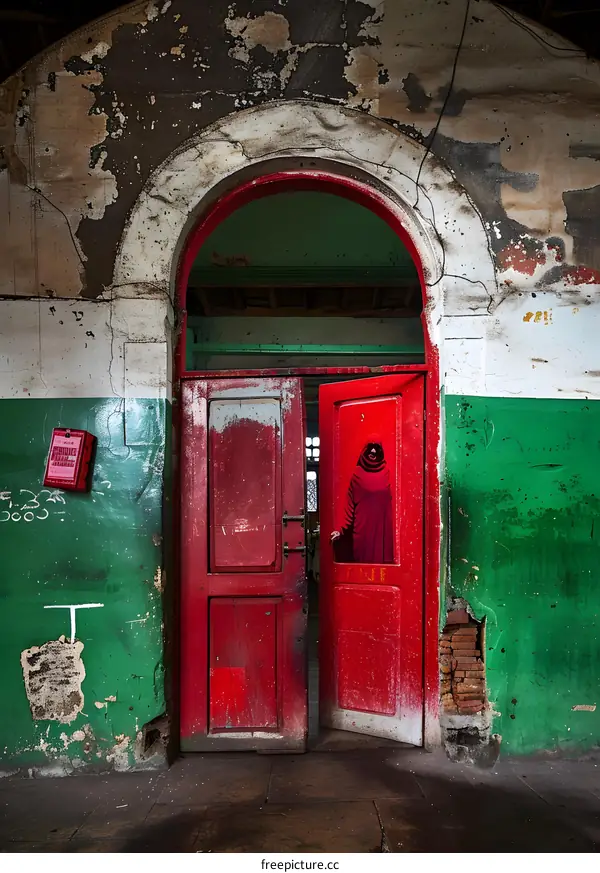 Red Door With a Woman In a Red Dress Inside