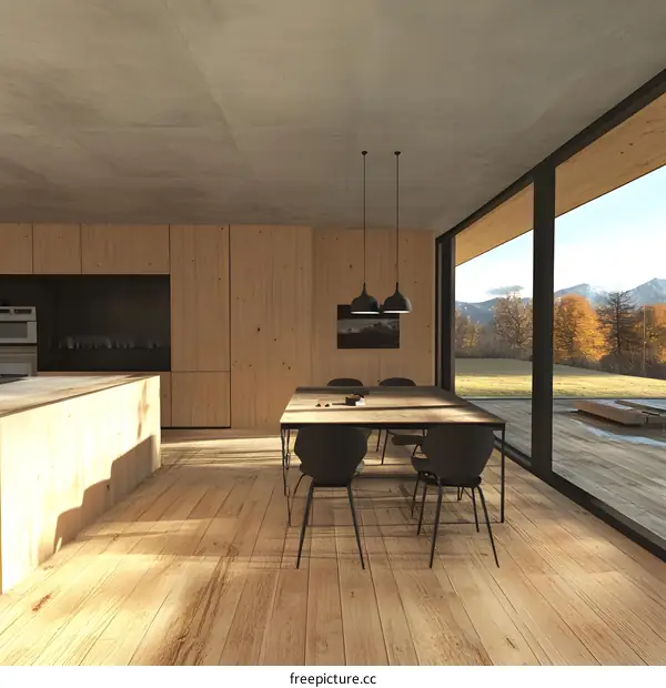 Modern Kitchen Design With Wood Paneling And Large Windows