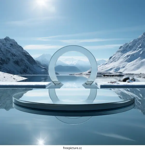 Round glass stage on the frozen lake with snow mountain landscape