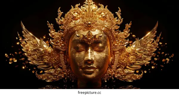 Golden Goddess Sculpture with Ornate Headdress and Wings