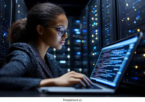 Focused Black Woman Programmer in Server Room