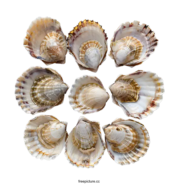 [Transparent Background PNG]Nine open seashells arranged in a square on a white background